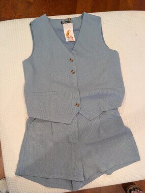 PrettyGarden 2‑Piece Vest & Shorts Set • Light Blue • Size L • NWT
